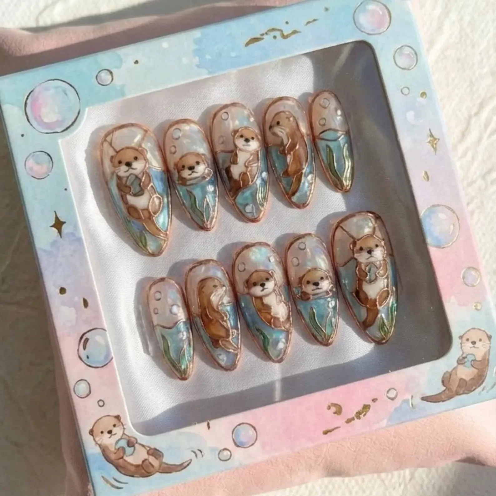 sea otter press on nails, stained glass ocean, press on nails, custom press on nails, fake nails, Nails Art, stained glass nails, gold press on nails, 3d press on nails, luxury press on nails, handmade press on nails
