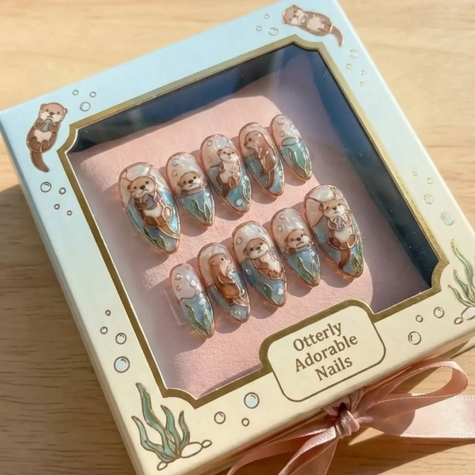 sea otter press on nails, stained glass ocean, press on nails, custom press on nails, fake nails, Nails Art, stained glass nails, gold press on nails, 3d press on nails, luxury press on nails, handmade press on nails