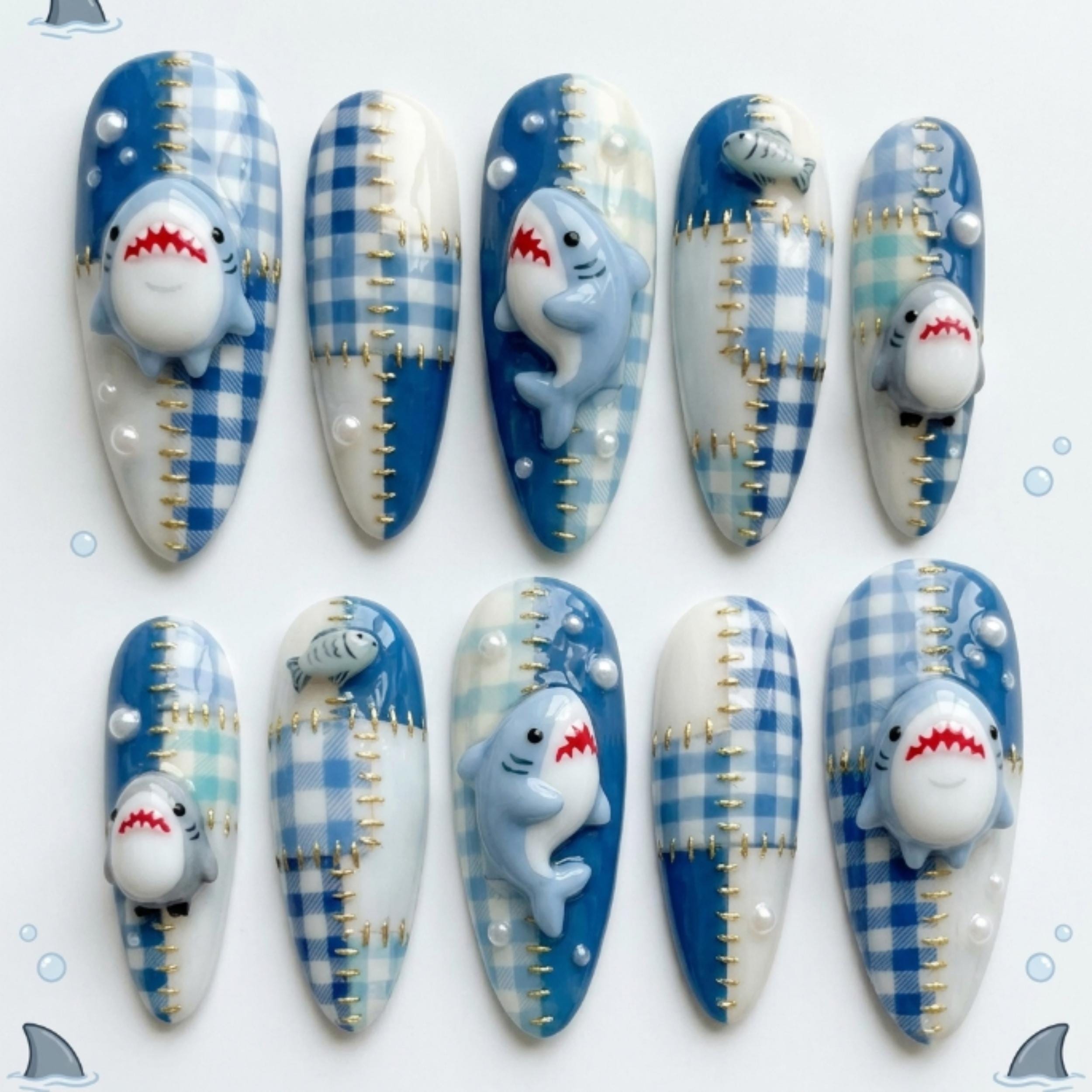 press on nails, kawaii blue gingham, custom press on nails, fake nails, Nails Art, stained glass nails, gold press on nails, 3d press on nails, luxury press on nails, handmade press on nails