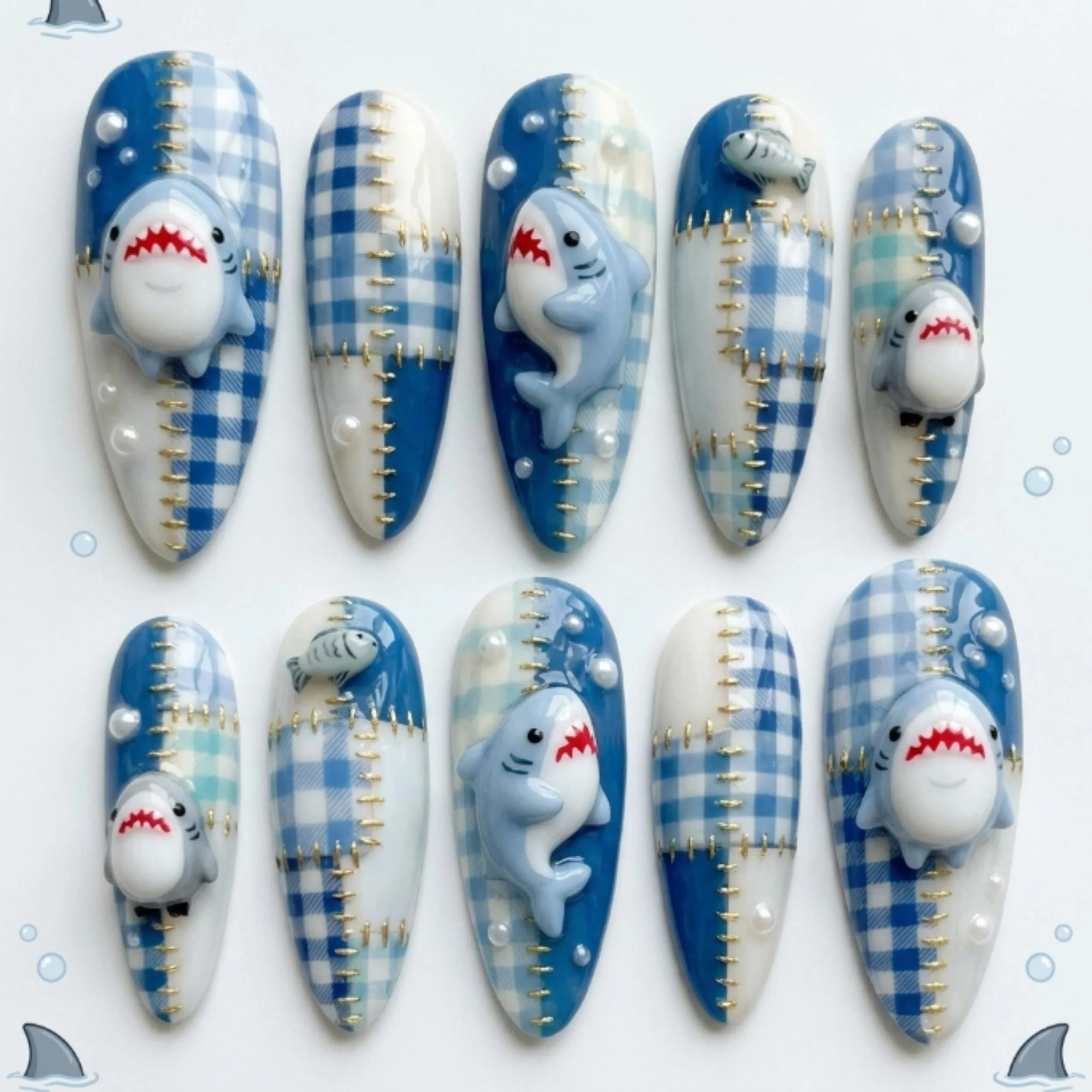 shark patchwork quilt, 3D hand-painted nails, press on nails, custom press on nails, fake nails, Nails Art, stained glass nails, gold press on nails, 3d press on nails, luxury press on nails, handmade press on nails