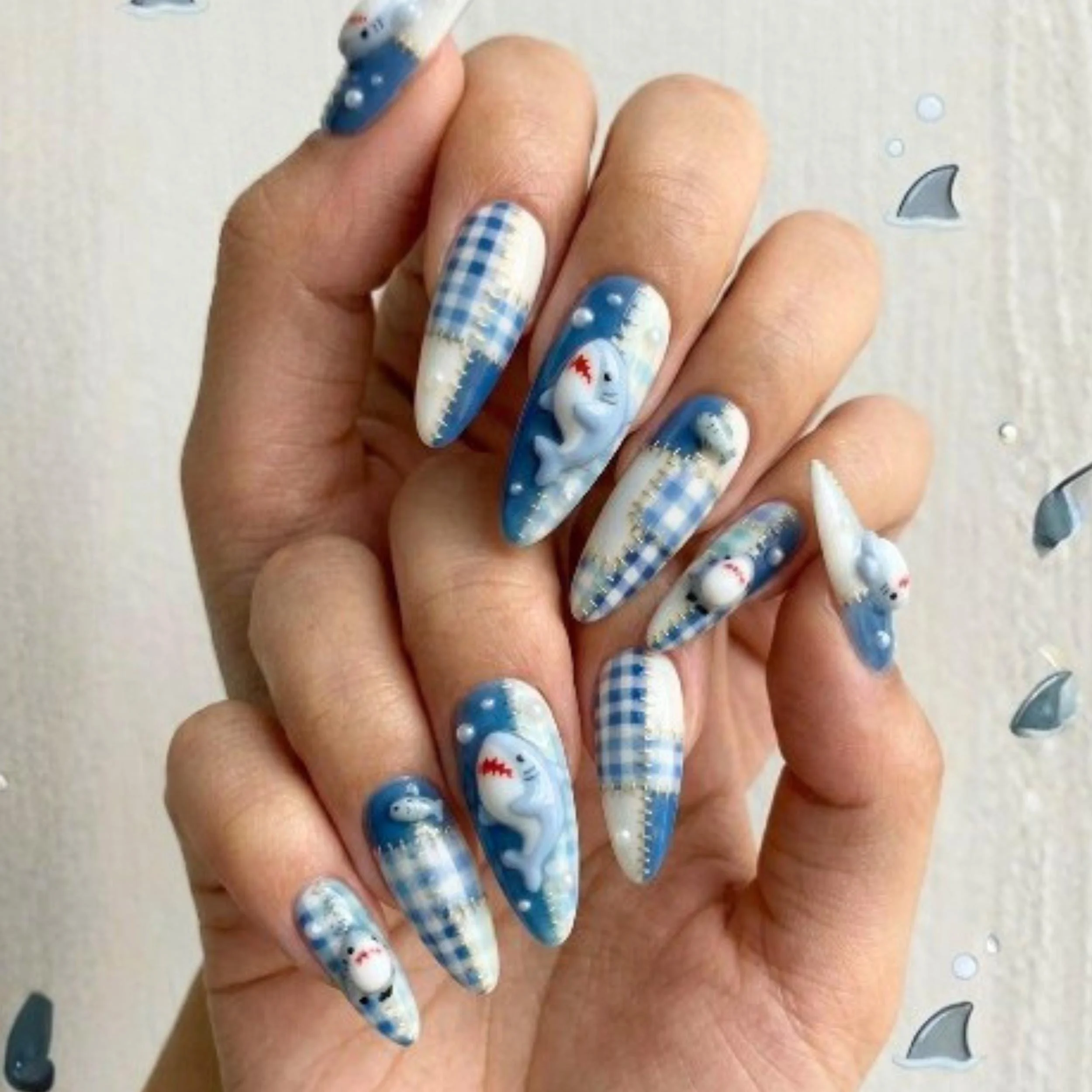 patchwork nail design, gingham ocean theme, press on nails, custom press on nails, fake nails, Nails Art, stained glass nails, gold press on nails, 3d press on nails, luxury press on nails, handmade press on nails