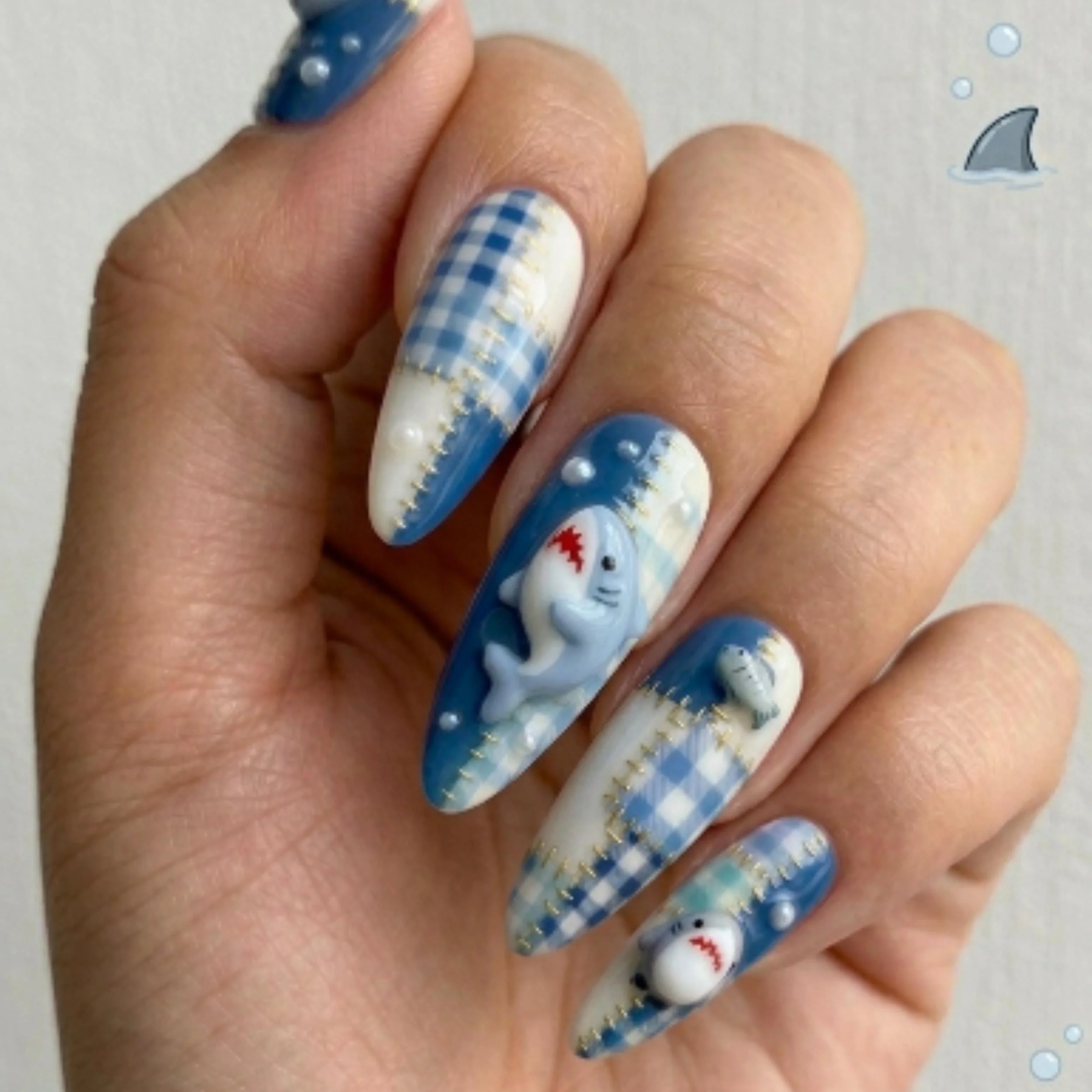 shark patchwork quilt, 3D hand-painted nails, press on nails, custom press on nails, fake nails, Nails Art, stained glass nails, gold press on nails, 3d press on nails, luxury press on nails, handmade press on nails