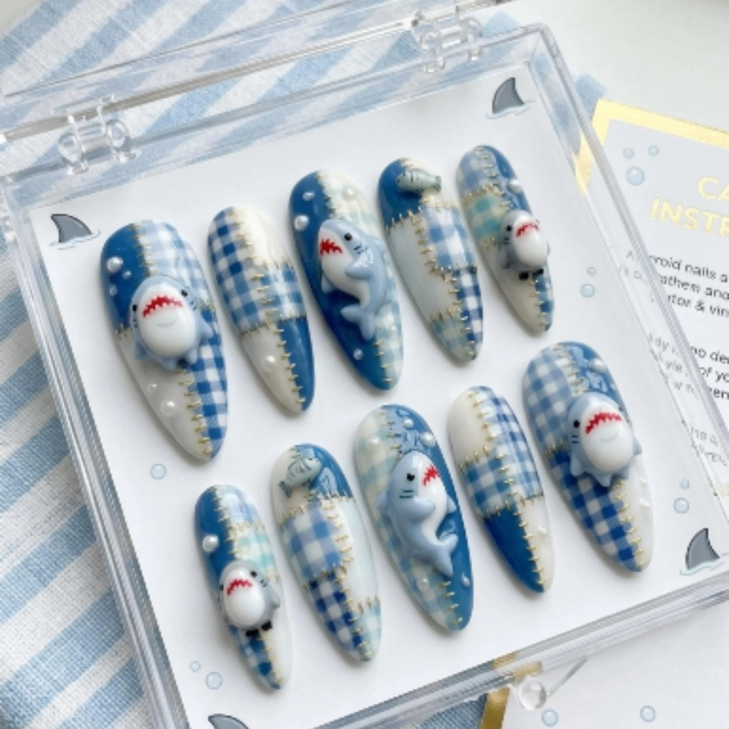 press on nails, kawaii blue gingham, custom press on nails, fake nails, Nails Art, stained glass nails, gold press on nails, 3d press on nails, luxury press on nails, handmade press on nails