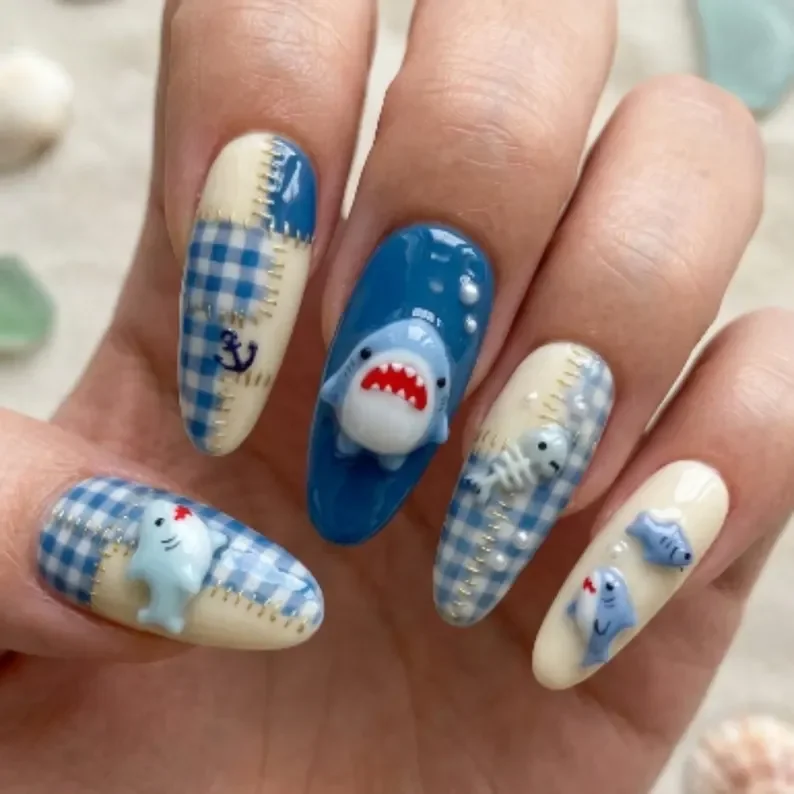 press on nails, kawaii blue gingham, custom press on nails, fake nails, Nails Art, stained glass nails, gold press on nails, 3d press on nails, luxury press on nails, handmade press on nails
