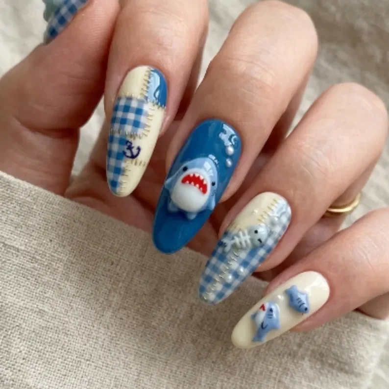 ocean art nails, blue gingham design, press on nails, custom press on nails, fake nails, Nails Art, stained glass nails, gold press on nails, 3d press on nails, luxury press on nails, handmade press on nails