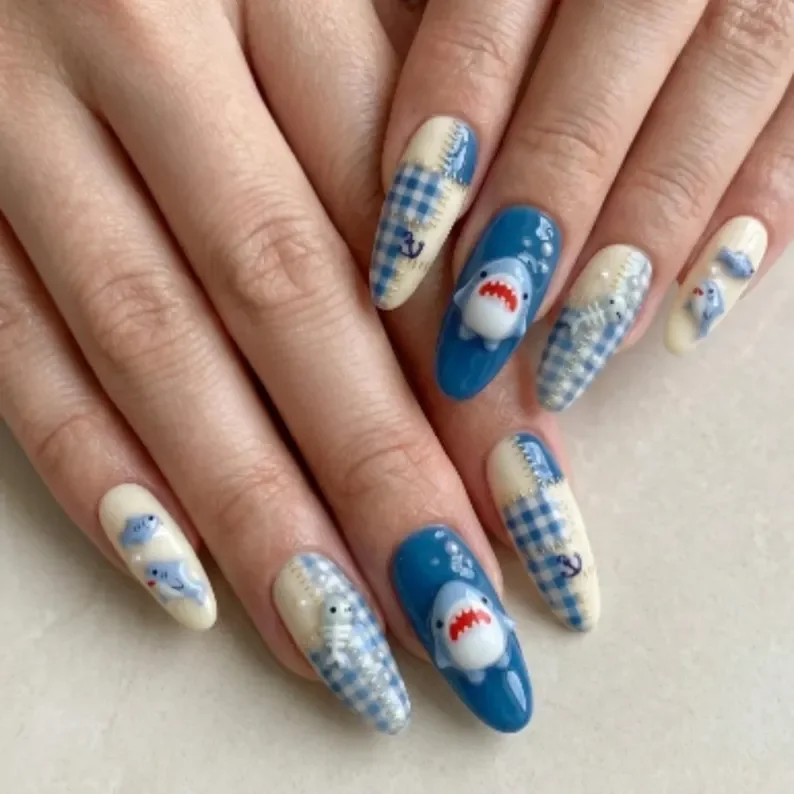 patchwork nail art, ocean themed nails, press on nails, custom press on nails, fake nails, Nails Art, stained glass nails, gold press on nails, 3d press on nails, luxury press on nails, handmade press on nails