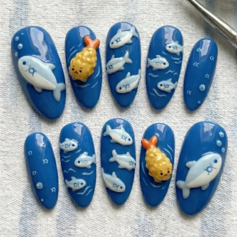 shrimp fish friends, hand-painted 3d, press on nails, custom press on nails, fake nails, Nails Art, stained glass nails, gold press on nails, 3d press on nails, luxury press on nails, handmade press on nails