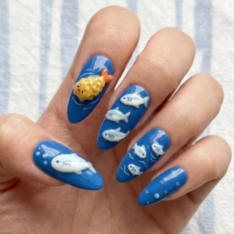 press on nails, kawaii blue ocean, custom press on nails, fake nails, Nails Art, stained glass nails, gold press on nails, 3d press on nails, luxury press on nails, handmade press on nails