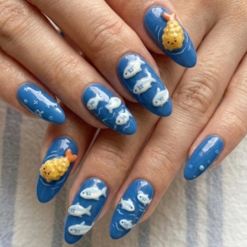tempura artisan set, ocean themed nails, press on nails, custom press on nails, fake nails, Nails Art, stained glass nails, gold press on nails, 3d press on nails, luxury press on nails, handmade press on nails