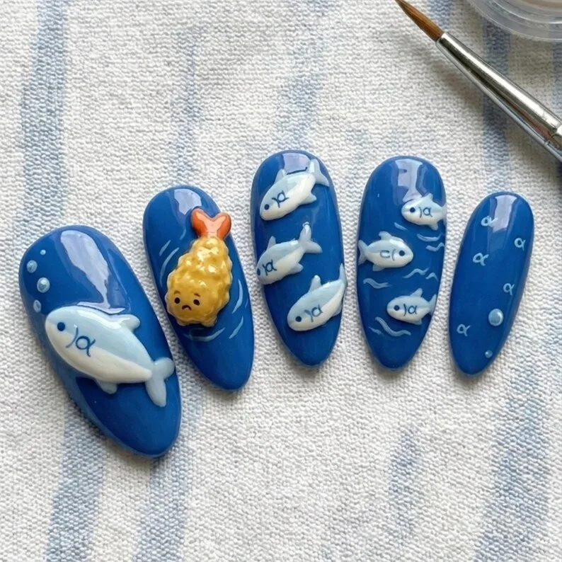 shrimp fish friends, hand-painted 3d, press on nails, custom press on nails, fake nails, Nails Art, stained glass nails, gold press on nails, 3d press on nails, luxury press on nails, handmade press on nails