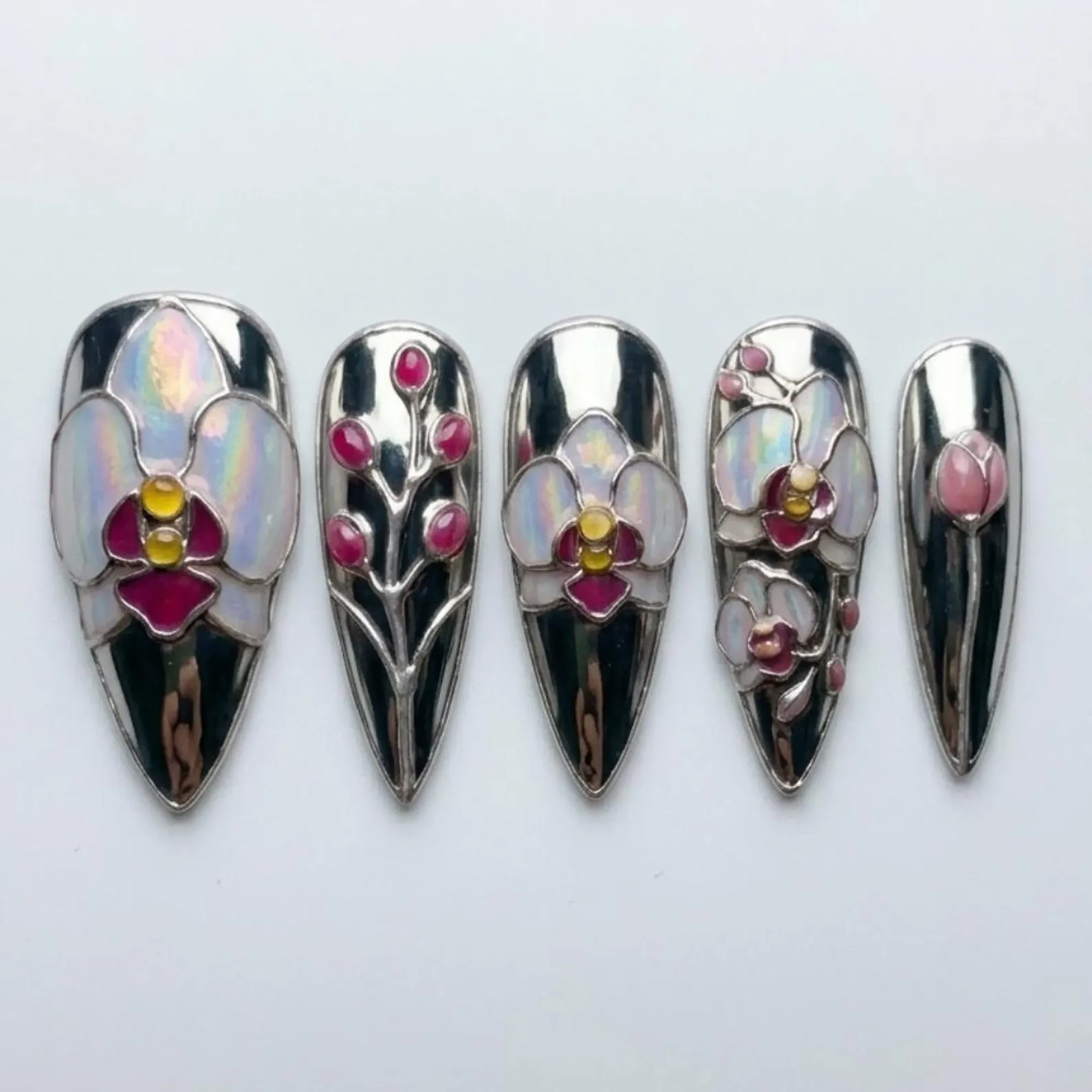 stained glass nails, floral mosaic nails, press on nails, custom press on nails, fake nails, Nails Art, gold press on nails, 3d press on nails, luxury press on nails, handmade press on nails