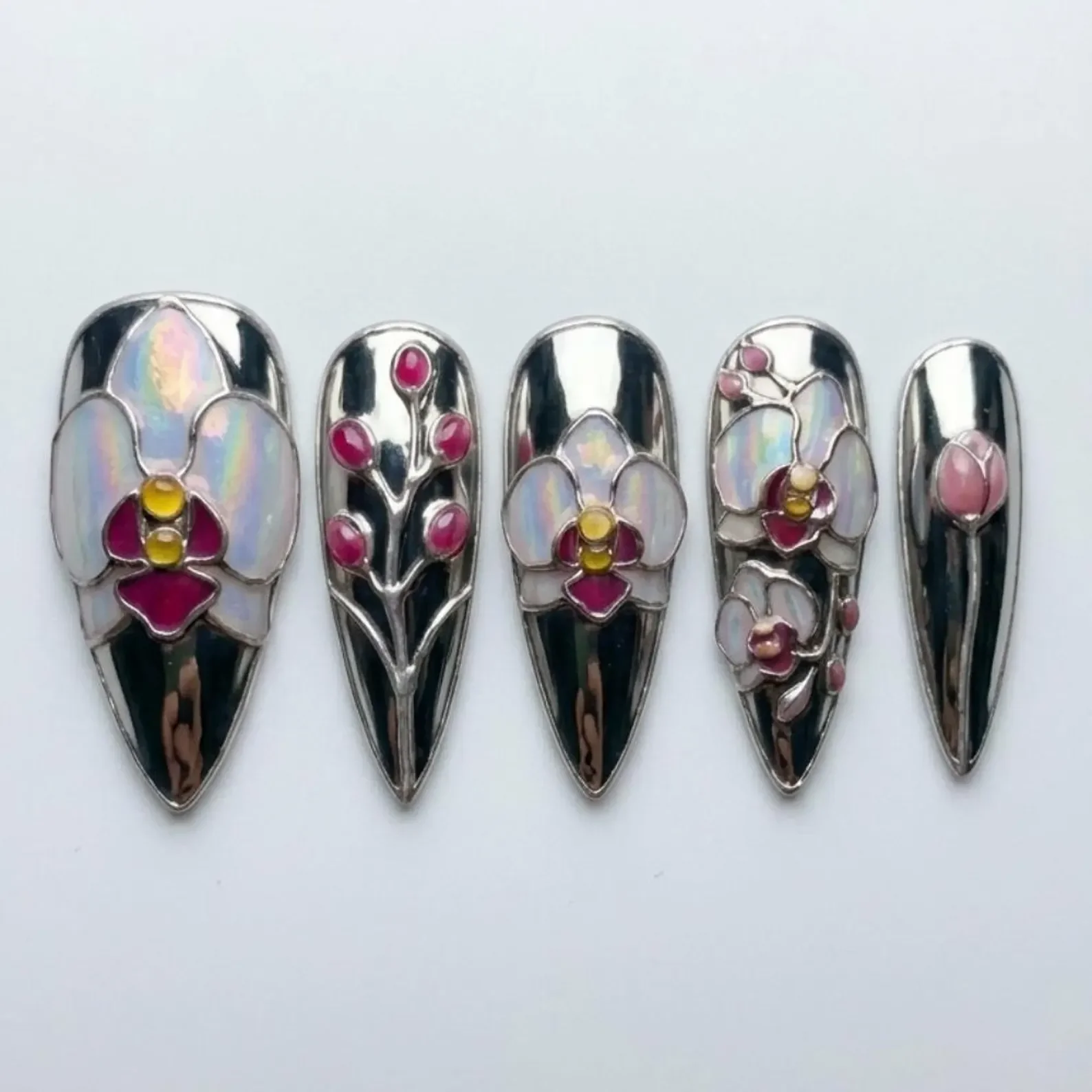 silver chrome press on nails, orchid press on nails, press on nails, custom press on nails, fake nails, Nails Art, stained glass nails, gold press on nails, 3d press on nails, luxury press on nails, handmade press on nails