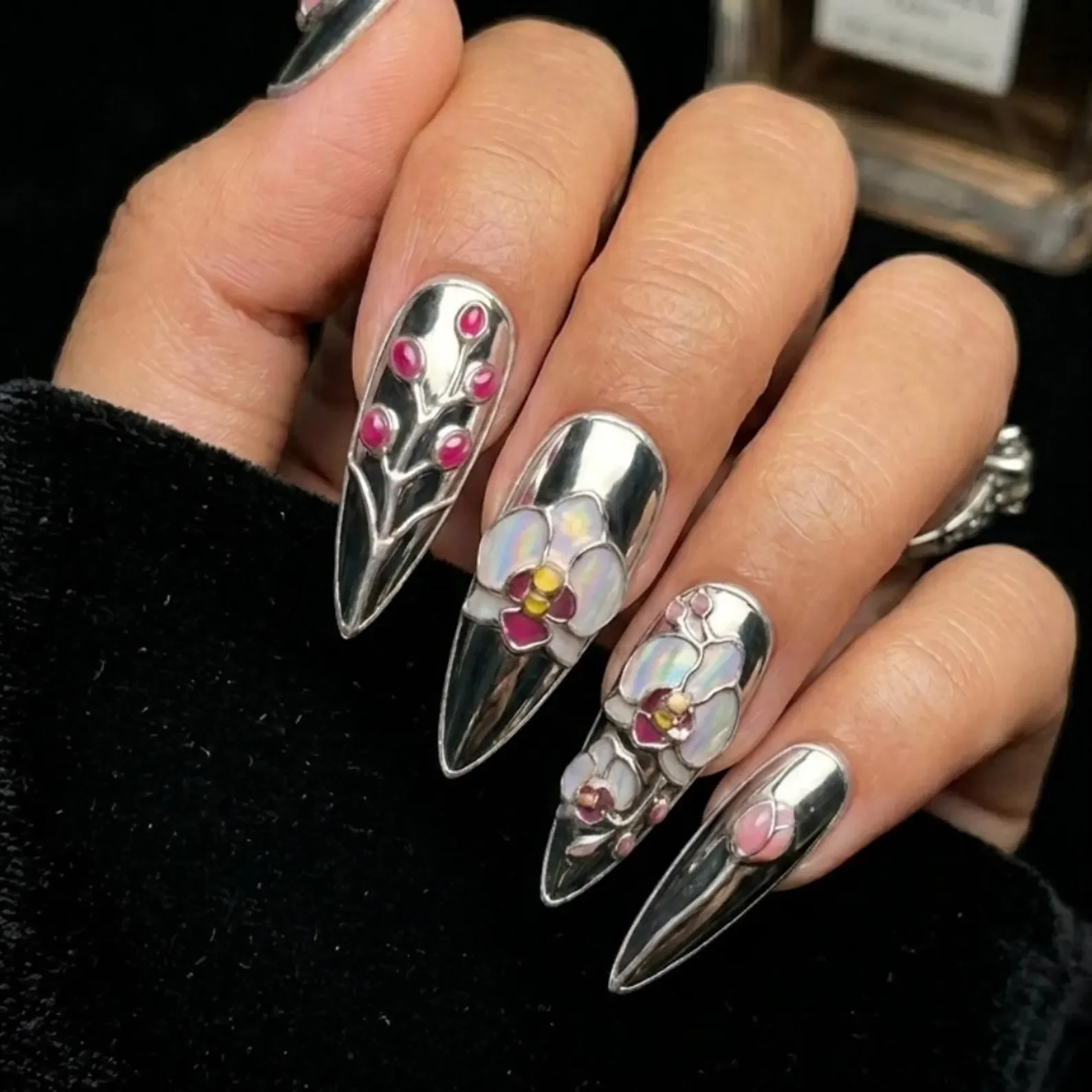 stained glass nails, floral mosaic nails, press on nails, custom press on nails, fake nails, Nails Art, gold press on nails, 3d press on nails, luxury press on nails, handmade press on nails