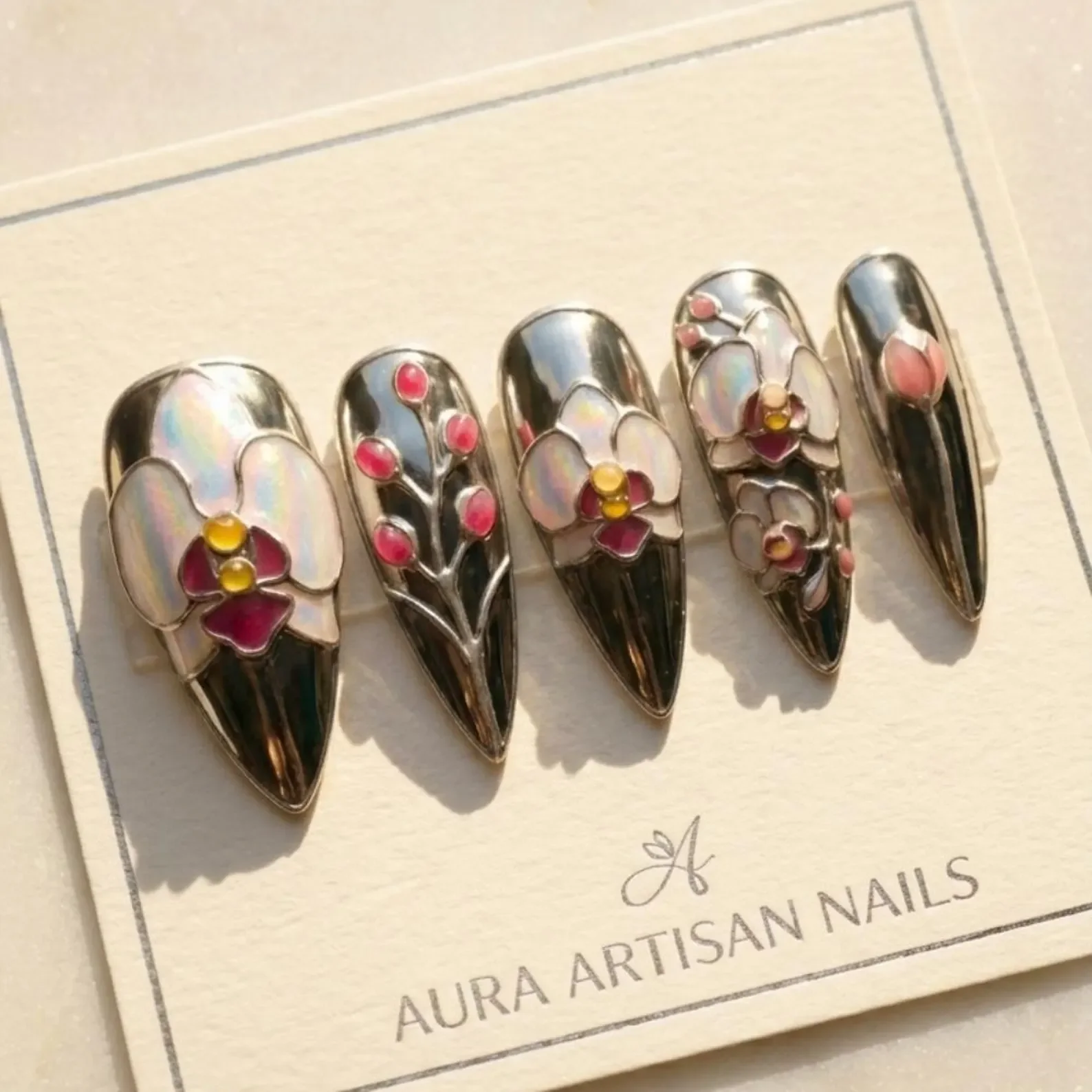 mosaic floral design, chrome orchid nails, press on nails, custom press on nails, fake nails, Nails Art, stained glass nails, gold press on nails, 3d press on nails, luxury press on nails, handmade press on nails