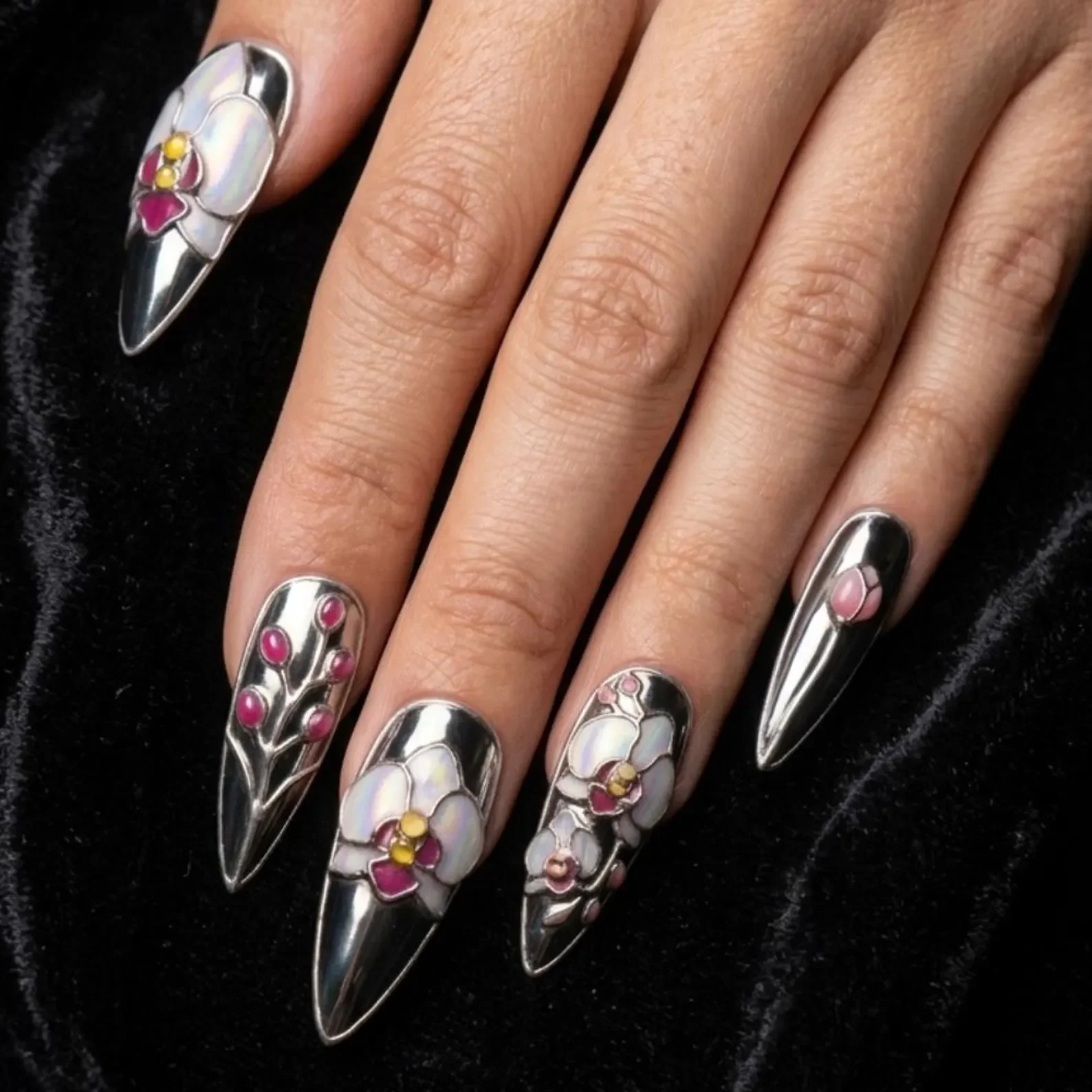 silver chrome press on nails, orchid press on nails, press on nails, custom press on nails, fake nails, Nails Art, stained glass nails, gold press on nails, 3d press on nails, luxury press on nails, handmade press on nails