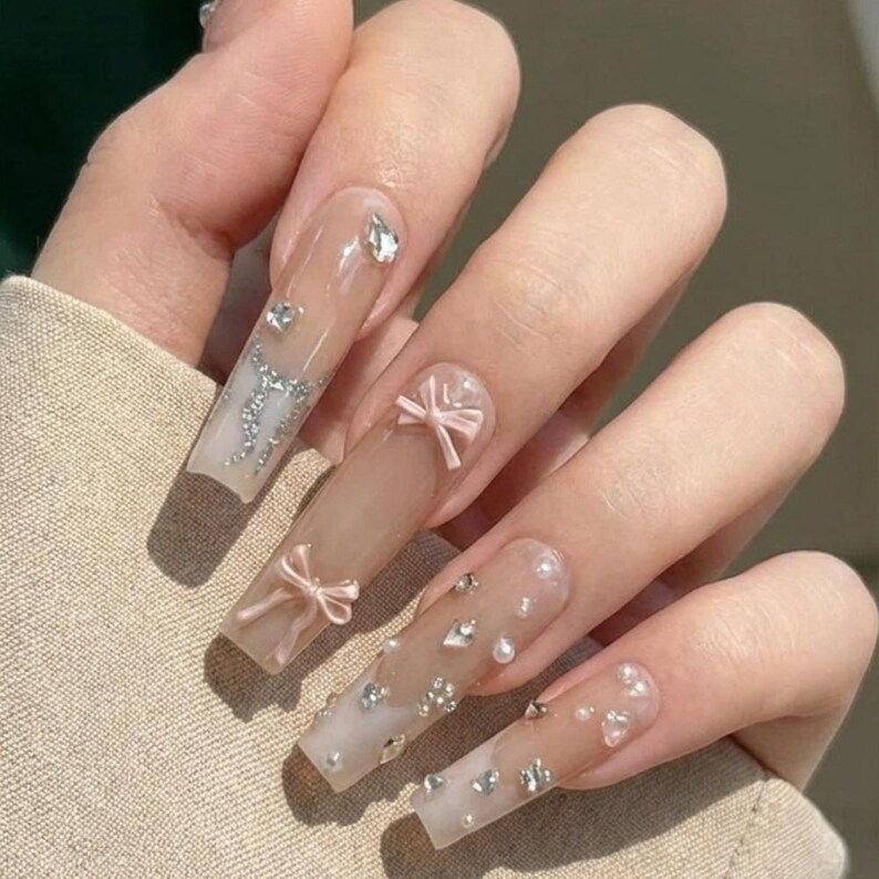 nude jelly nails, pearl crystal nail art, press on nails, custom press on nails, fake nails, Nails Art, stained glass nails, gold press on nails, 3d press on nails, luxury press on nails, handmade press on nails