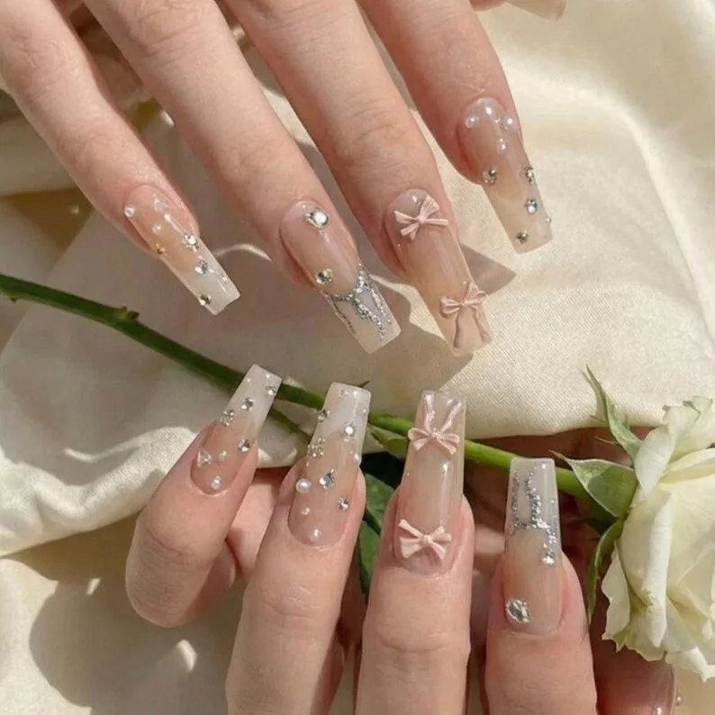nude jelly nails, pearl crystal nail art, press on nails, custom press on nails, fake nails, Nails Art, stained glass nails, gold press on nails, 3d press on nails, luxury press on nails, handmade press on nails