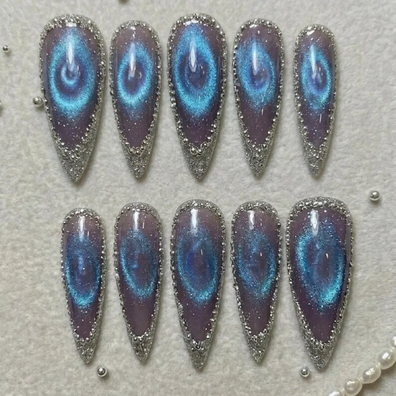 blue stiletto, nail art, press on nails, custom press on nails, fake nails, Nails Art, stained glass nails, gold press on nails, 3d press on nails, luxury press on nails, handmade press on nails