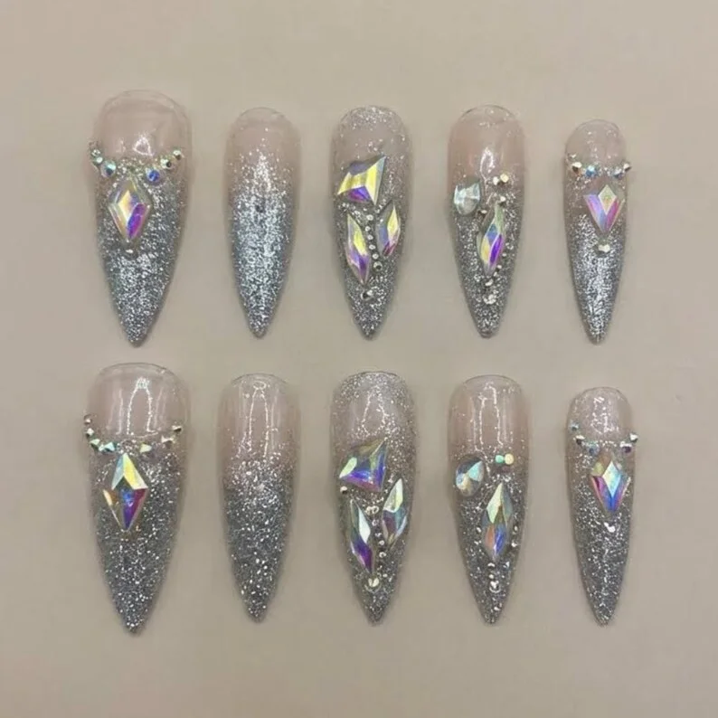 silver glitter ombre, press on nails, custom press on nails, fake nails, Nails Art, stained glass nails, gold press on nails, 3d press on nails, luxury press on nails, handmade press on nails