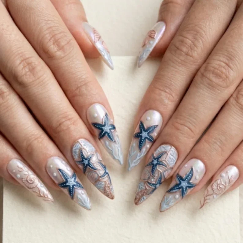 press on nails, iridescent starfish, custom press on nails, fake nails, Nails Art, stained glass nails, gold press on nails, 3d press on nails, luxury press on nails, handmade press on nails