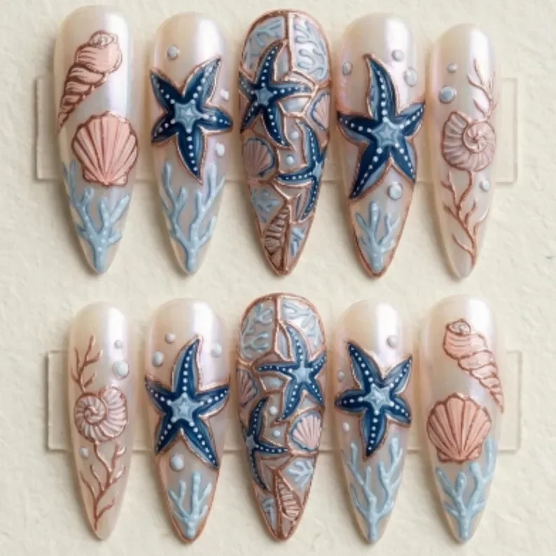 coral art, cloisonné nails, press on nails, custom press on nails, fake nails, Nails Art, stained glass nails, gold press on nails, 3d press on nails, luxury press on nails, handmade press on nails