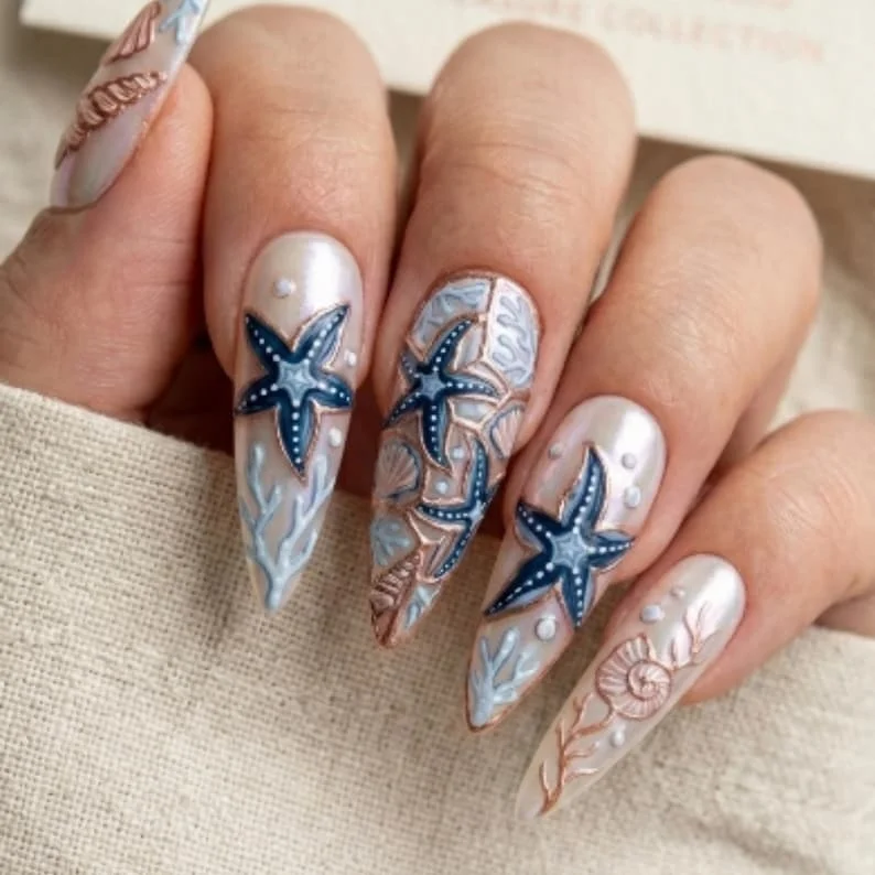 stained glass nails, iridescent coral, press on nails, custom press on nails, fake nails, Nails Art, gold press on nails, 3d press on nails, luxury press on nails, handmade press on nails