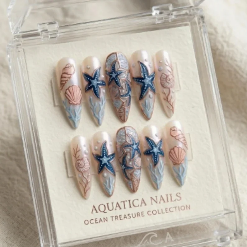 beach themed nails, siren stained glass, press on nails, custom press on nails, fake nails, Nails Art, stained glass nails, gold press on nails, 3d press on nails, luxury press on nails, handmade press on nails