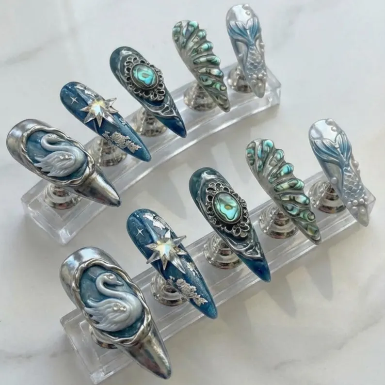 luxury mermaid, swan abalone, press on nails, custom press on nails, fake nails, Nails Art, stained glass nails, gold press on nails, 3d press on nails, luxury press on nails, handmade press on nails
