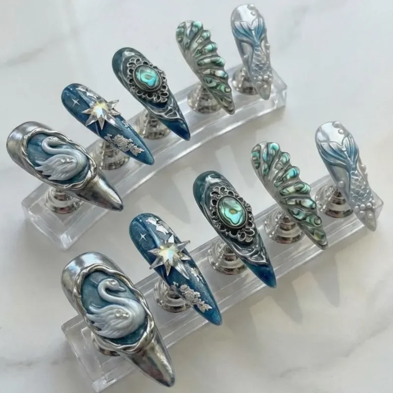 siren treasure, oceanic press-on, press on nails, custom press on nails, fake nails, Nails Art, stained glass nails, gold press on nails, 3d press on nails, luxury press on nails, handmade press on nails