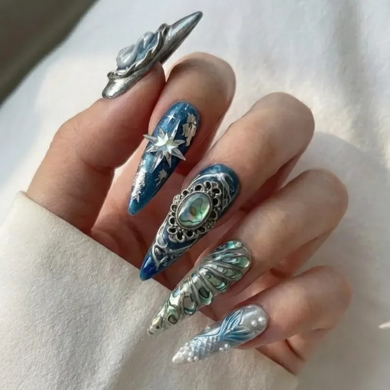 luxury mermaid, swan abalone, press on nails, custom press on nails, fake nails, Nails Art, stained glass nails, gold press on nails, 3d press on nails, luxury press on nails, handmade press on nails