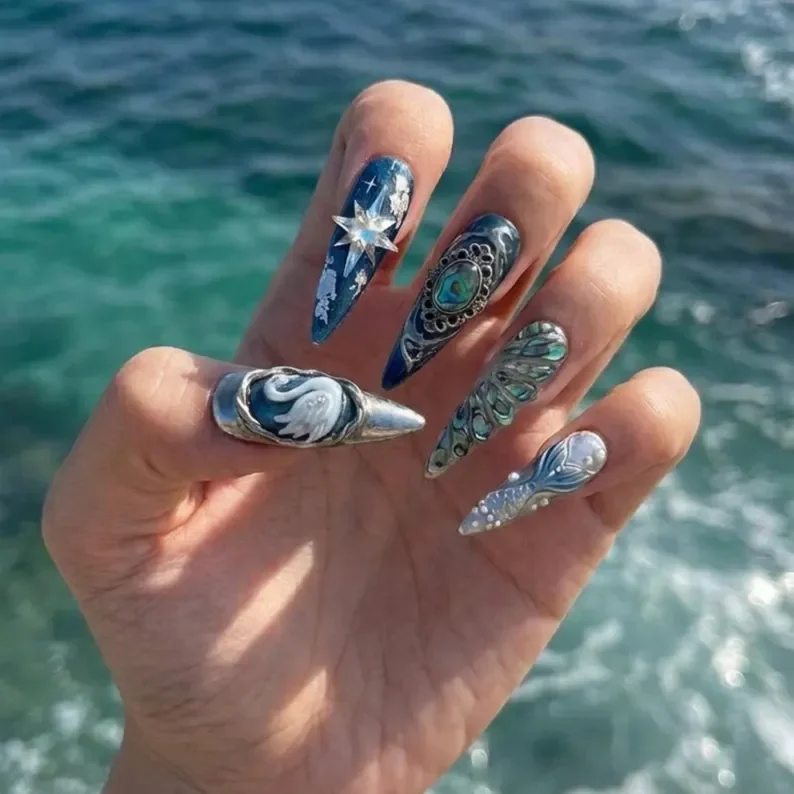 abalone art, press-on nails, press on nails, custom press on nails, fake nails, Nails Art, stained glass nails, gold press on nails, 3d press on nails, luxury press on nails, handmade press on nails