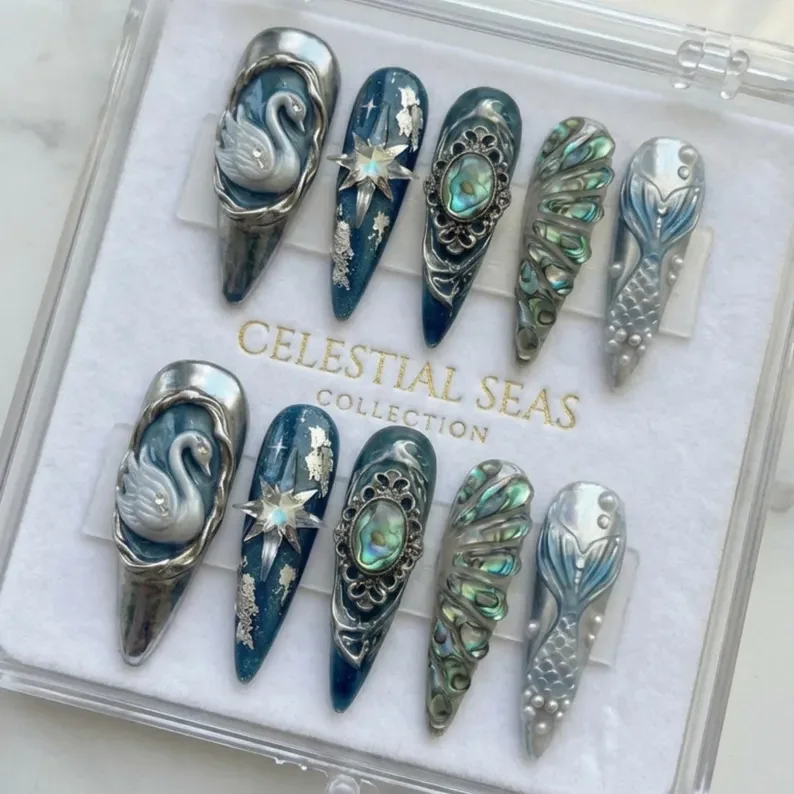 mermaid nails, swan nails, press on nails, custom press on nails, fake nails, Nails Art, stained glass nails, gold press on nails, 3d press on nails, luxury press on nails, handmade press on nails