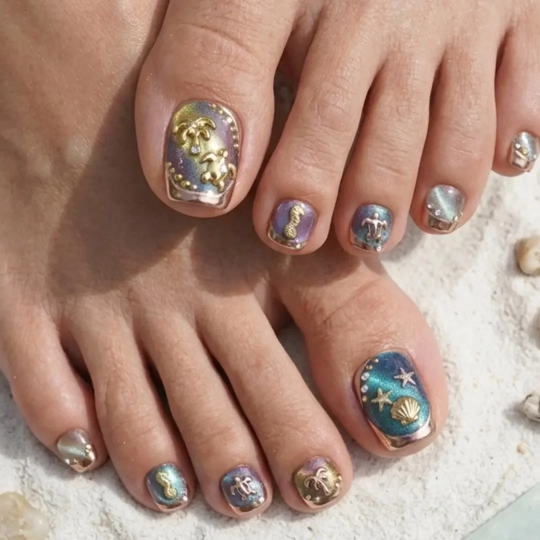 gold sea charm, mermaid nails, press on nails, custom press on nails, fake nails, Nails Art, stained glass nails, gold press on nails, 3d press on nails, luxury press on nails, handmade press on nails
