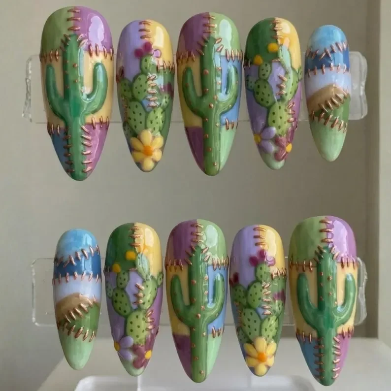 Southwest patchwork nails, desert press on, press on nails, custom press on nails, fake nails, Nails Art, stained glass nails, gold press on nails, 3d press on nails, luxury press on nails, handmade press on nails