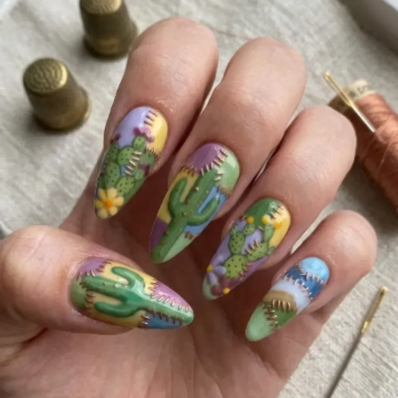 3D stitched effect, boho nail art, press on nails, custom press on nails, fake nails, Nails Art, stained glass nails, gold press on nails, 3d press on nails, luxury press on nails, handmade press on nails