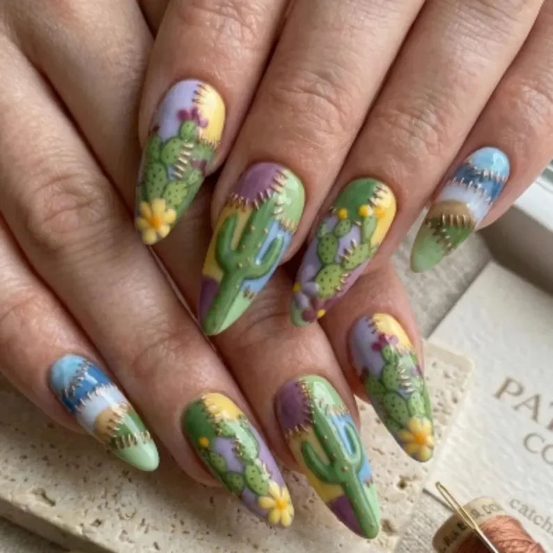 cactus nail design, boho desert nails, press on nails, custom press on nails, fake nails, Nails Art, stained glass nails, gold press on nails, 3d press on nails, luxury press on nails, handmade press on nails