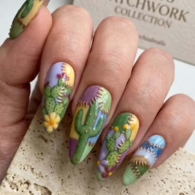 stitched cactus nails, desert press ons, press on nails, custom press on nails, fake nails, Nails Art, stained glass nails, gold press on nails, 3d press on nails, luxury press on nails, handmade press on nails