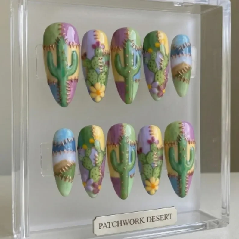 southwest nail art, Southwest patchwork nails, press on nails, custom press on nails, fake nails, Nails Art, stained glass nails, gold press on nails, 3d press on nails, luxury press on nails, handmade press on nails