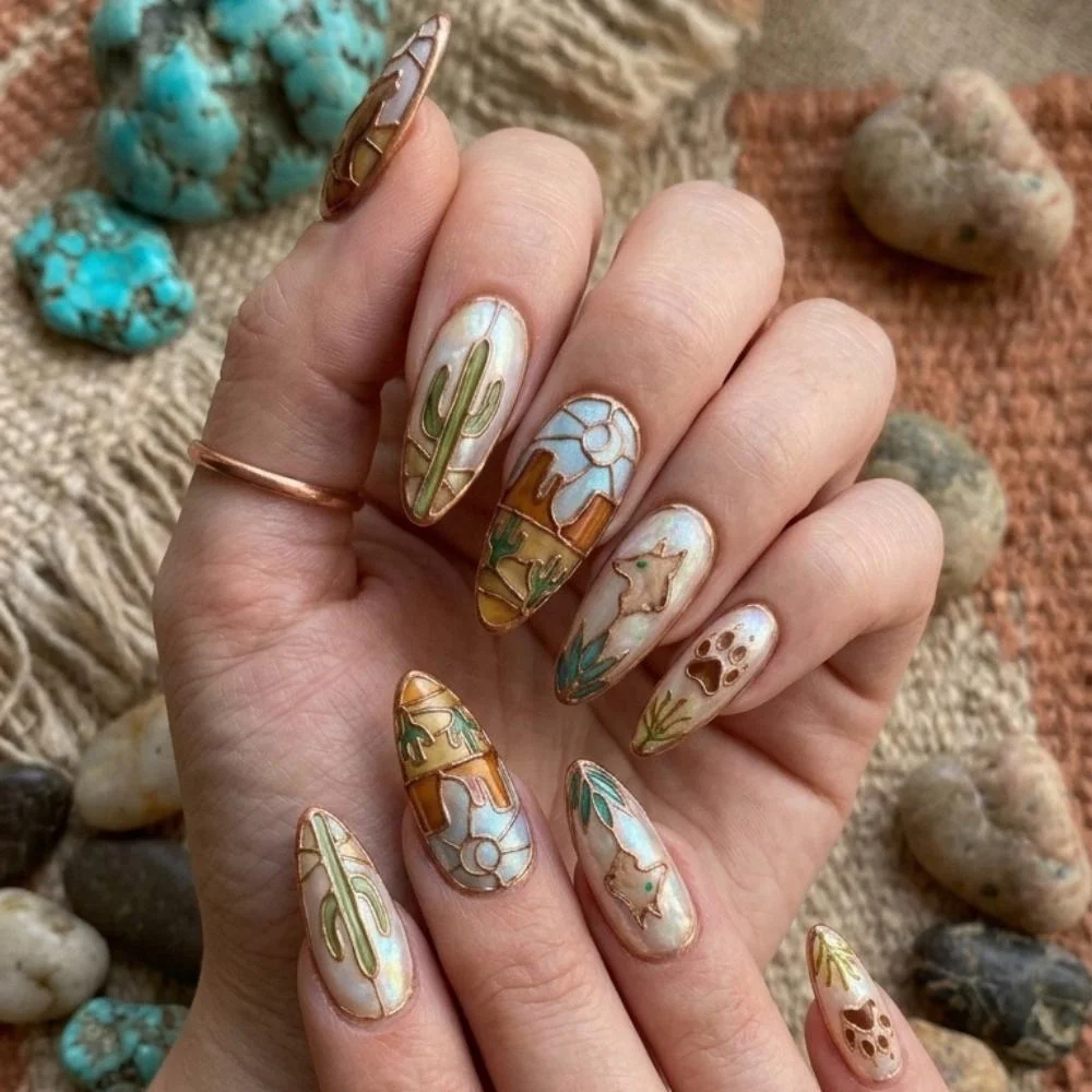 wolf fox nails, cactus desert nails, press on nails, custom press on nails, fake nails, Nails Art, stained glass nails, gold press on nails, 3d press on nails, luxury press on nails, handmade press on nails