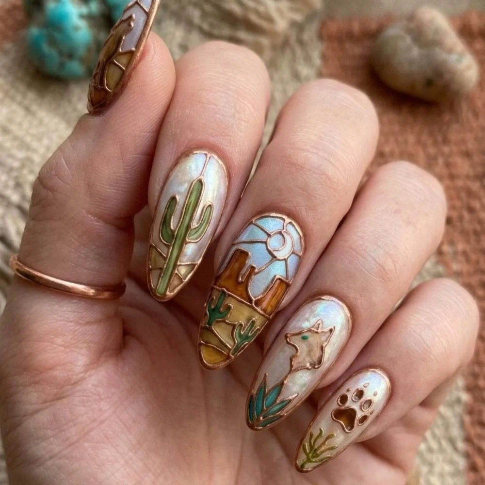 desert art nails, Southwestern nail design, press on nails, custom press on nails, fake nails, Nails Art, stained glass nails, gold press on nails, 3d press on nails, luxury press on nails, handmade press on nails