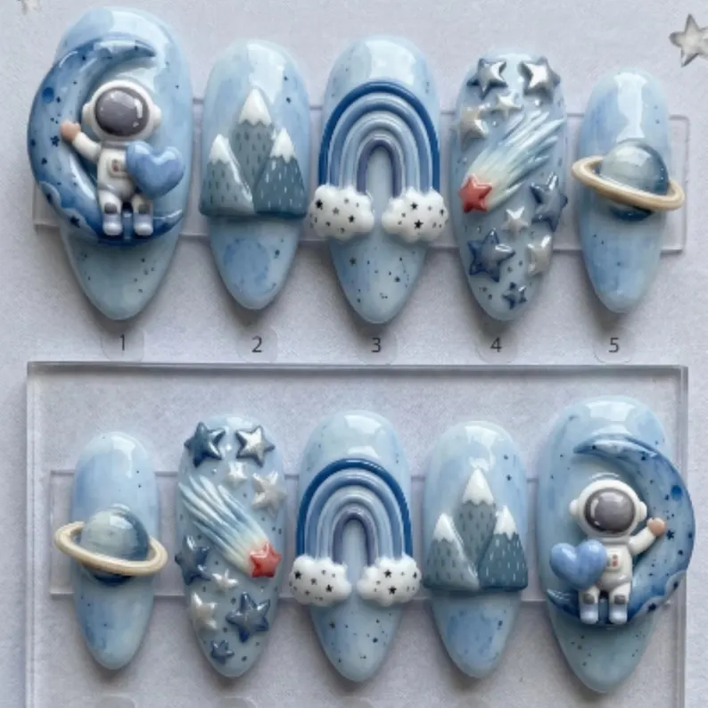 astronaut nail art, planet 3d, press on nails, custom press on nails, fake nails, Nails Art, stained glass nails, gold press on nails, 3d press on nails, luxury press on nails, handmade press on nails
