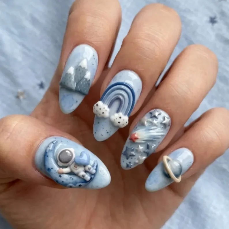 astronaut nail art, planet 3d, press on nails, custom press on nails, fake nails, Nails Art, stained glass nails, gold press on nails, 3d press on nails, luxury press on nails, handmade press on nails