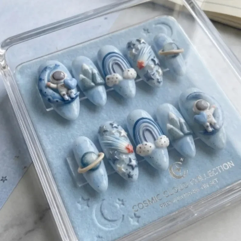blue marble nails, astronaut theme, press on nails, custom press on nails, fake nails, Nails Art, stained glass nails, gold press on nails, 3d press on nails, luxury press on nails, handmade press on nails