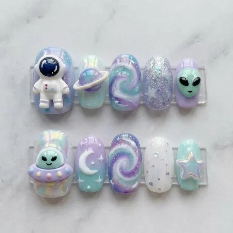 space odyssey nails, dreamy galaxy swirl, press on nails, custom press on nails, fake nails, Nails Art, stained glass nails, gold press on nails, 3d press on nails, luxury press on nails, handmade press on nails