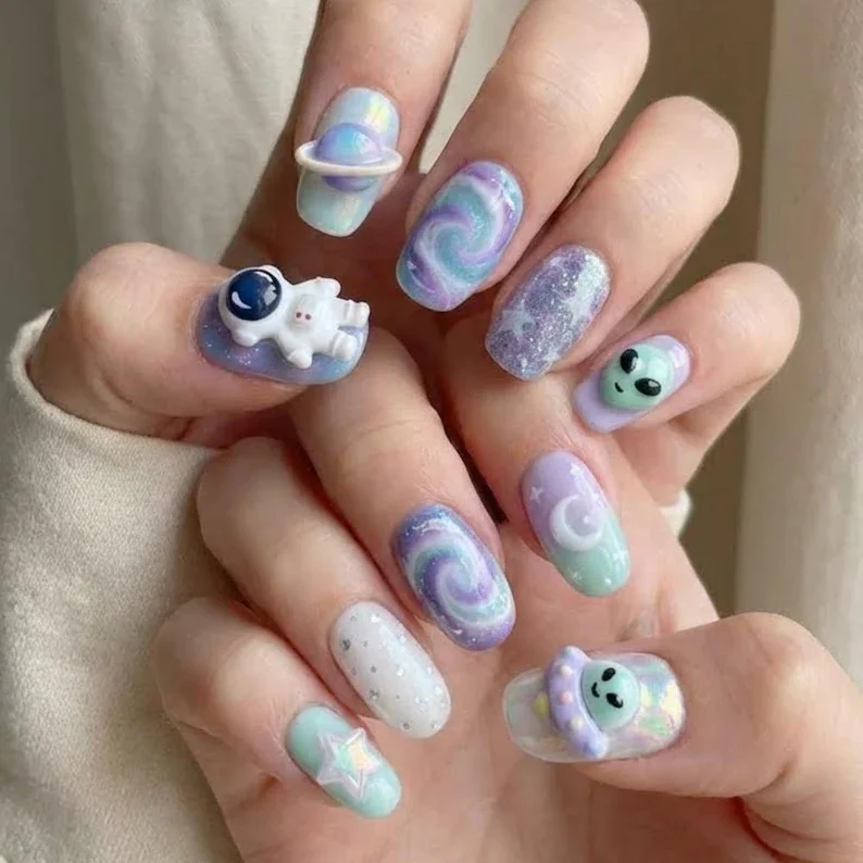 press on nails, kawaii alien nail art, custom press on nails, fake nails, Nails Art, stained glass nails, gold press on nails, 3d press on nails, luxury press on nails, handmade press on nails