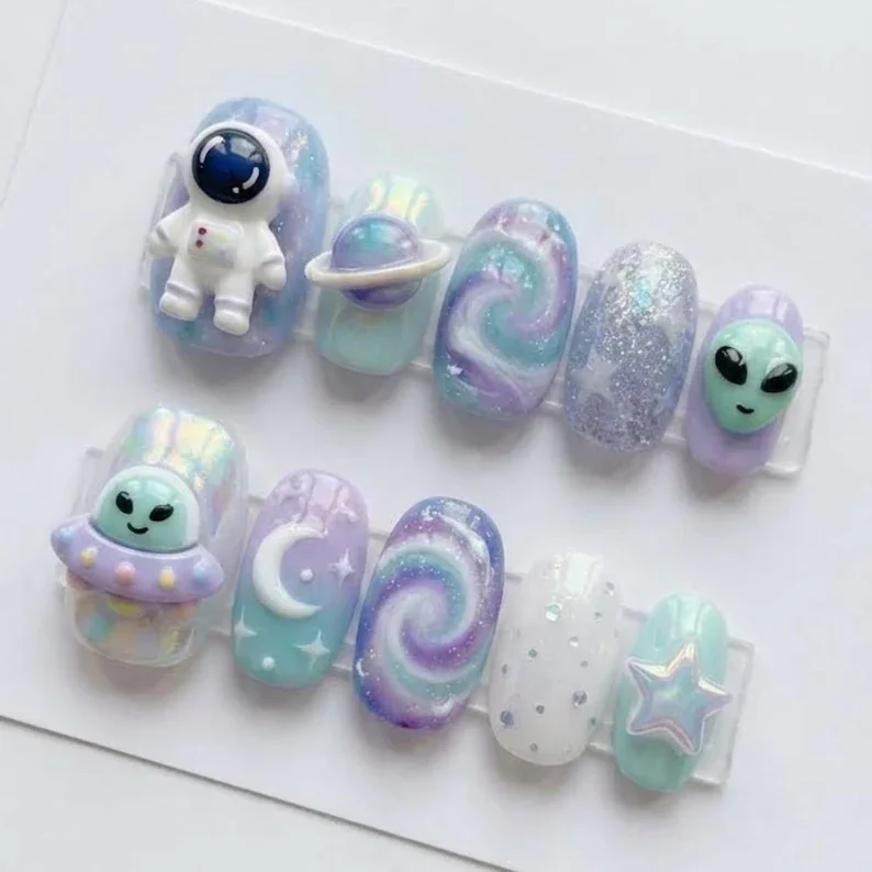 galaxy swirl design, space themed nails, press on nails, custom press on nails, fake nails, Nails Art, stained glass nails, gold press on nails, 3d press on nails, luxury press on nails, handmade press on nails