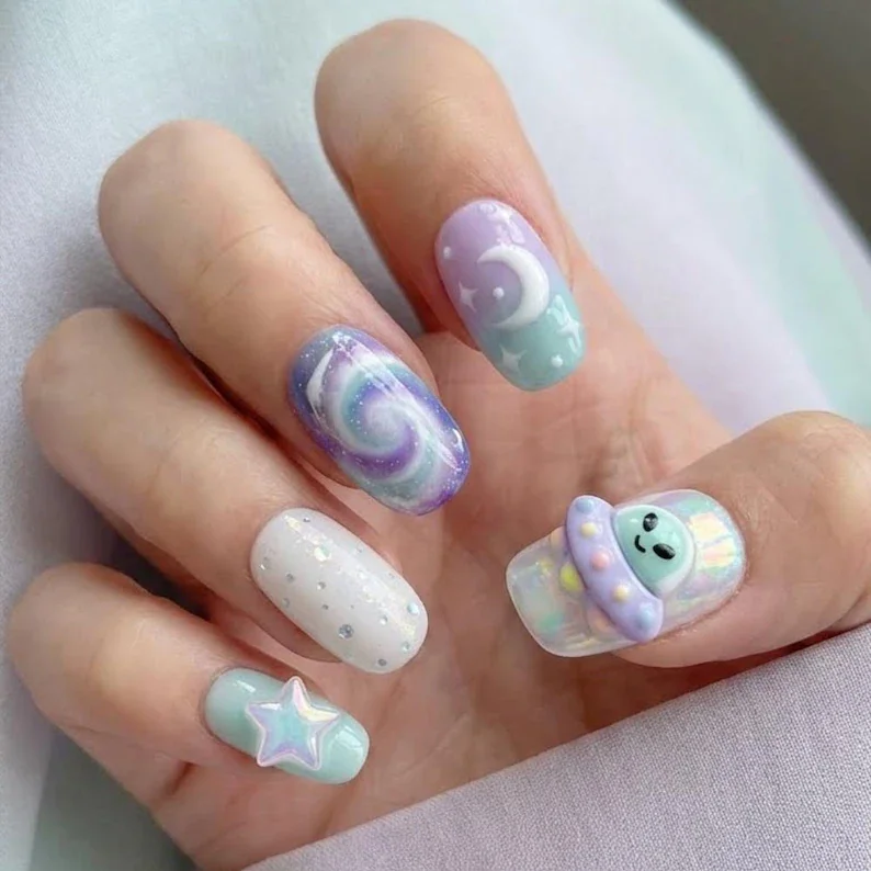 dreamy galaxy swirl, press on nails, custom press on nails, fake nails, Nails Art, stained glass nails, gold press on nails, 3d press on nails, luxury press on nails, handmade press on nails