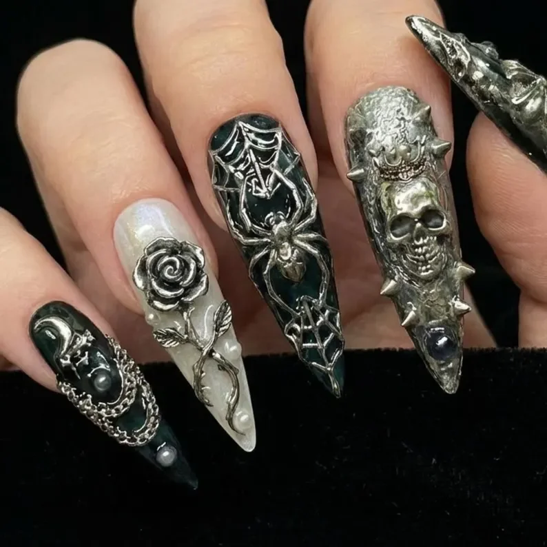 press on nail set, silver skull art, press on nails, custom press on nails, fake nails, Nails Art, stained glass nails, gold press on nails, 3d press on nails, luxury press on nails, handmade press on nails
