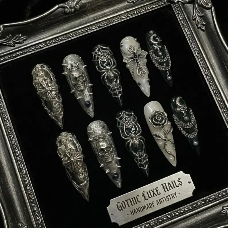 gothic press on nails, spiderweb rose design, press on nails, custom press on nails, fake nails, Nails Art, stained glass nails, gold press on nails, 3d press on nails, luxury press on nails, handmade press on nails