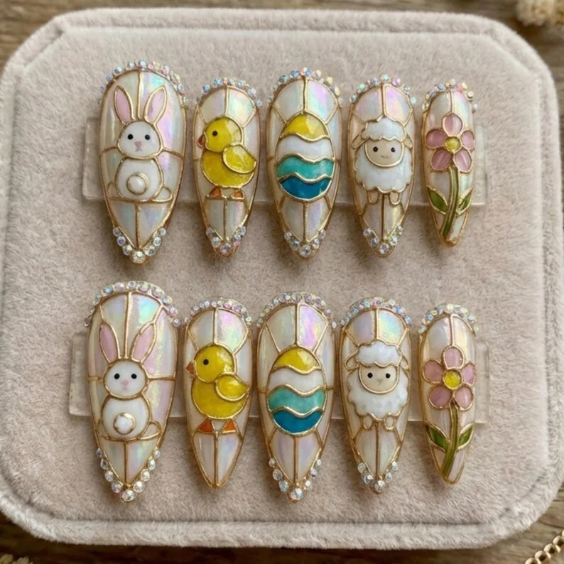 spring cathedral, easter stained glass, press on nails, custom press on nails, fake nails, Nails Art, stained glass nails, gold press on nails, 3d press on nails, luxury press on nails, handmade press on nails